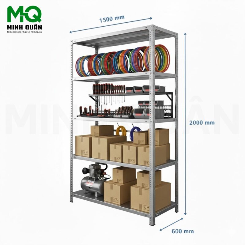 Kệ Sắt V Lỗ 5 Tầng – D1500 x R600 x C2000 (mm)